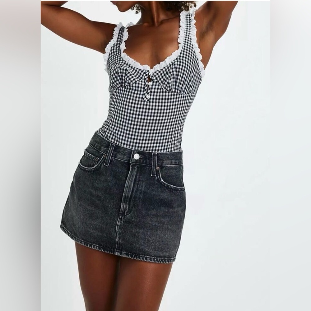 FREE PEOPLE Cassie Gingham Ruffle Bodysuit in Black White Sz Small NWT $68